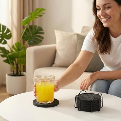 Absorbent Coasters for Drinks with Holder - 6packs, Silicone Coaster with Soft Felt Insert (4.3 inch Coasters with 4.5 inch Holder, Black and White) - color: Black and White