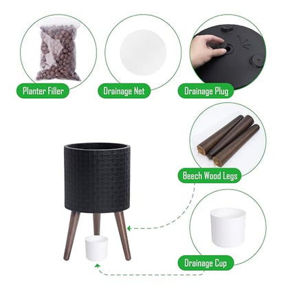 D'vine Dev Planter Pot with Wood Stand, 10 in, Matte Black, 88-Z-B-2 | Mid-Century Modern Style, Elevated Plant Display, Drainage Hole and Plug, Functional & Stylish, Modern Indoor Planter - color: Matte Black, size: Medium