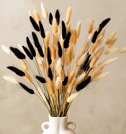 100 Stems Bunny Tails Pampas Grass Dried Flowers | 30pcs Black, 30pcs White, 40pcs Natural Brown, Boho Home & Kitchen Decor, Pampas Grass Decor
