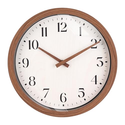 Topkey 12 Inch Silent Wall Clock with Wooden Hour and Minute Hands - Round Wood-Like Frame & White Dial for Home Office Kitchen Decor - Wooden Brown - color: Wooden Brown