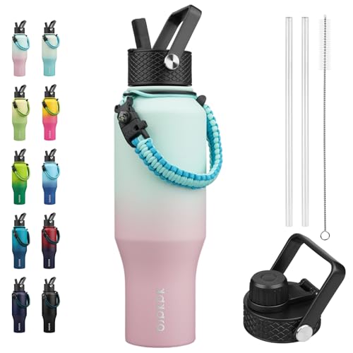 BJPKPK 35oz Insulated Water Bottle with Straw Lid, Stainless Steel Bottle | Vacuum Insulated with Straw Lid & Spout Lid, Paracord Strap, Keep Cold & Hot, Leak-Proof, BPA-Free, for Gym, Hiking, Travel - color: Marshmallow, style: 35oz