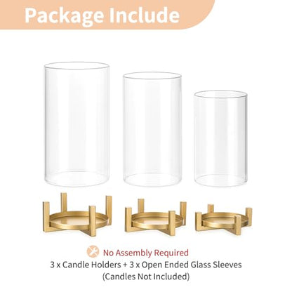 NUPTIO Gold Pillar Candle Holder: Hurricane Glass Candle Stands with Sleeve | Set of 3 Brass Decor with Clear Cover for Thanksgiving Christmas Fireplace Table Centerpiece