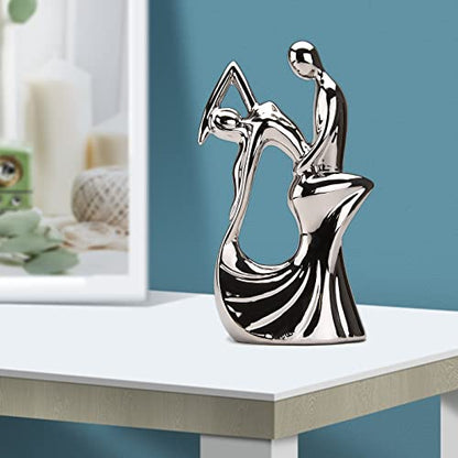 Romantic Couple Dancing Sculpture, Silver Electroplated Ceramic, 11in(H) | Abstract Modern Statue, Smooth Finish, Home Shelf Desk Decoration, Wedding Gift, Collectible Figurine