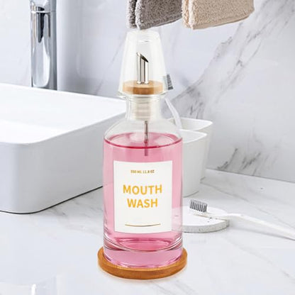 Glass Mouthwash Dispenser with Serving Tray and Funnel Set - Reusable Bottle for Mouthwash, Oil, Soap, or Vinegar with No-Drip Spout & Easy-Pour Design(Clear)