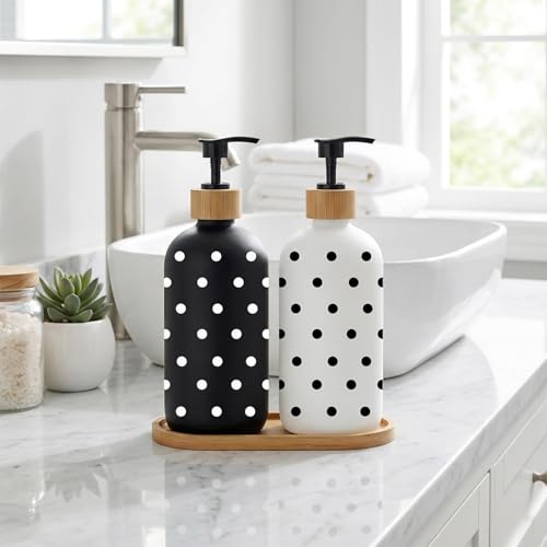 Whaline Dot Soap Dispenser Set Glass Soap Dispenser with Pump and Wooden Tray Refillable Liquid Container for Hands Dishes Party Home Kitchen Bathroom Decor (Black & White)