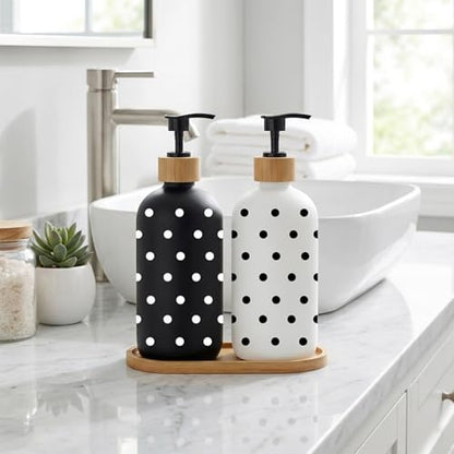 Whaline Dot Soap Dispenser Set Glass Soap Dispenser with Pump and Wooden Tray Refillable Liquid Container for Hands Dishes Party Home Kitchen Bathroom Decor (Black & White)