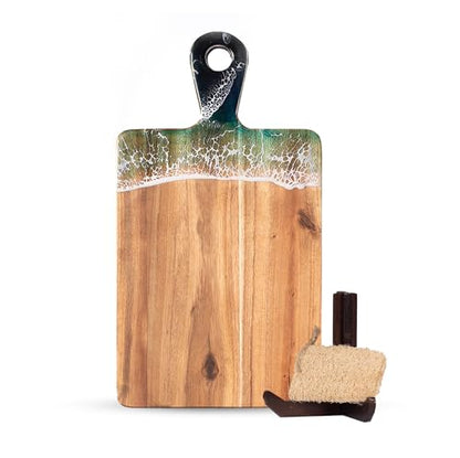 Acacia Wood Serving Board with Handle, 15" x 7.9" Dual-Sided Resin Art Tray for Display & Prep, Handcrafted Cutting Board, Includes Stand & Loofah, Christmas Housewarming Gift (Rectangular) - color: Rectangular Cutting Board, size: Small