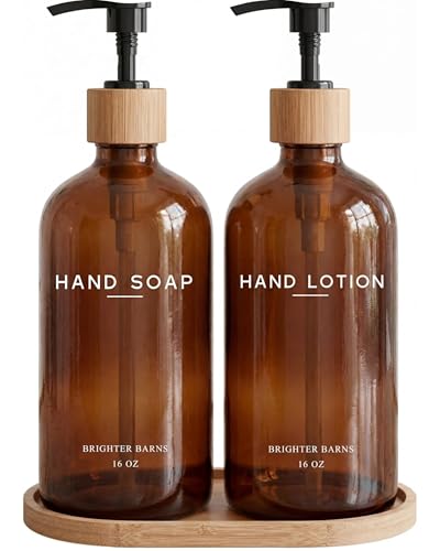 Amber Glass Soap and Lotion Dispenser Set with Tray by Brighter Barns - Hand Soap Dispenser Bathroom Set - Glass Bottles with Pump - Bamboo Home Accessories & Modern Bathroom Decor for Airbnb (Amber) - color: Amber Sl