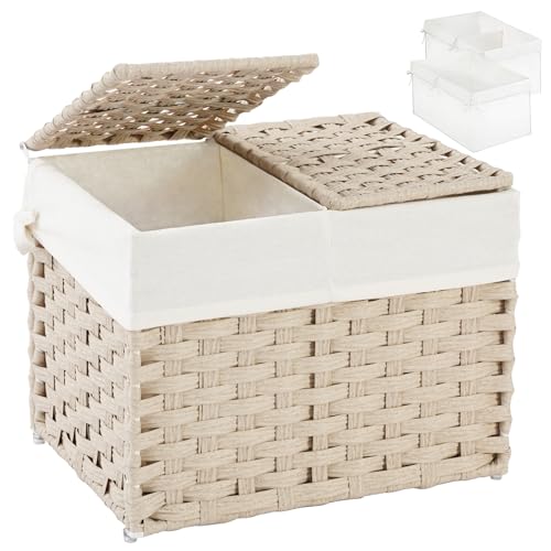 SETVSON Storage Basket with Lid, 2-Lid PE Rattan Storage Bin, Light Khaki | Dual Lid Small Items & Accessories Organizer, Divided Sock & Underwear Bin, 2 Washable Liner Bags, Small Collapsible Trunk - color: Light Khaki, size: 35L-15.7L*11.8W*11.8H