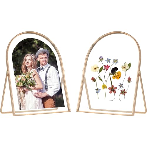 Gold 6x8'' Arched Floating Frame Set of 2,For Photo Sizes (3.5x5'',4x6'',5x7''),Beautiful Dry Flower Metal Beaded Arched Frames & Tempered Real Glass,for Tabletop/Shelf Decor - color: Gold, size: 6x8'' (2PK) Arch