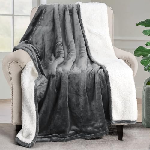 Utopia Bedding Reversible Plush Sherpa Blanket Throw Size Grey, 50x60 Inch | Soft, Warm, Fleece, Bed, Sofa, Couch, Camping, Travel, Cozy, All Season - color: Grey, size: Throw (50x60 Inch)