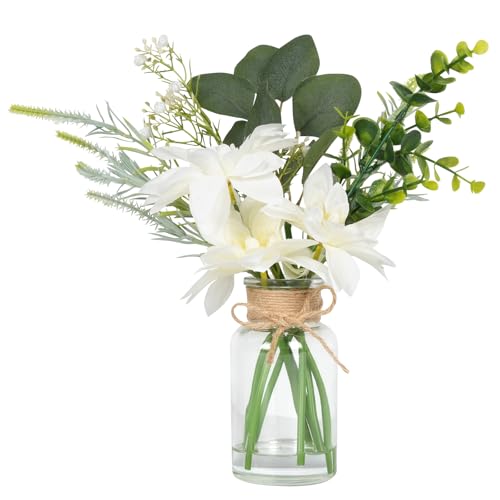 Velener Artificial Flowers with Stems Fake Flowers in Vase with Faux Water, Fake Plants for Home Decor, Office Kitchen Bathroom Farmhouse Living Room Coffee Table Faux Centerpieces for Tables-1 Pack - color: White Mixed Flowers
