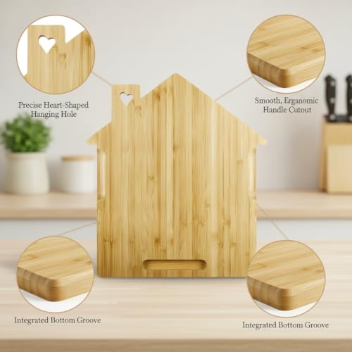 Solid Natural Bamboo Cutting Board, House-Shaped Wood Chopping Block for Kitchen Prep and Serving with Hanging Hole, 9.8 x 11 Inches