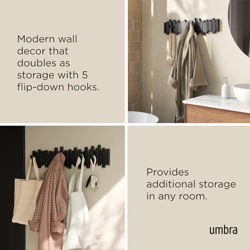 Umbra Sticks Wall Coat Rack, Wall Mount 8 Retractable Hooks, Black | Modern sculptural look, holds five pounds each, fits entryways and bedrooms, easy to install, recycled plastic - color: Black, size: 8-Hook