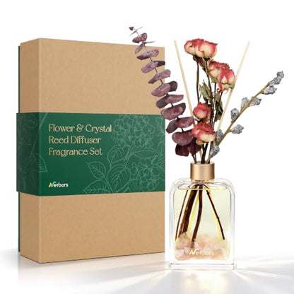 Reed Diffuser Home Fragrance Set 6oz with Real Dried Flowers & Natural Crystal Stones for Positive Energy – DIY Aromatherapy Gift, Safe for Kids and Pets (Rose Veil)