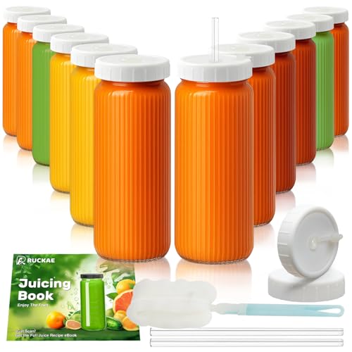 Ruckae 16oz Juice Bottles,Ribbed Glass Juicing Bottles with Lids,Smoothie Cup Lids and Straws,Water Bottle Mason Jar Drinking Glasses for Juicing,Smoothies,Kombucha (Clear-12 pack) - color: Transparent with Stripe, size: 16oz-12pack