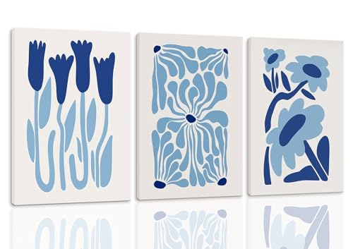 HNNXAR Blue Wall Decor,Matisse Wall Art,Blue Abstract Wall Art,Framed Light Blue Floral Canvas Prints Flower Poster Picture Painting Aesthetic Set of 3 for Living Room Bedroom Teen Girls Room 16x24 In - color: Blue Matisse B, size: 16"x24" Wrapped Canvas
