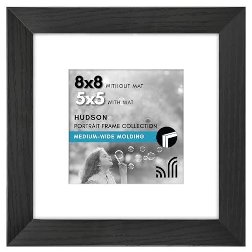 Americanflat 8x8 Picture Frame - Matted to 5x5 - Engineered Wood - Black | Shatter-resistant glass, wall or tabletop display with included easel, sawtooth hangers included, secure turn-tab backing - color: Black, size: 8x8