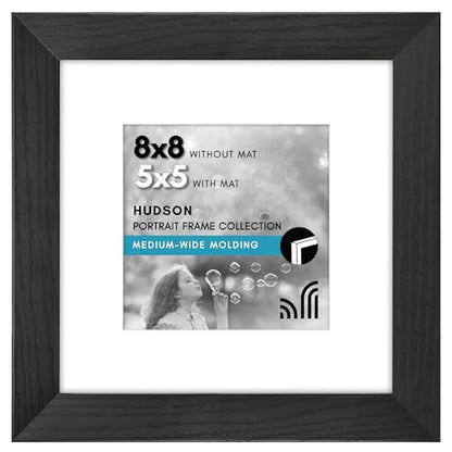 Americanflat 8x8 Picture Frame - Matted to 5x5 - Engineered Wood - Black | Shatter-resistant glass, wall or tabletop display with included easel, sawtooth hangers included, secure turn-tab backing - color: Black, size: 8x8