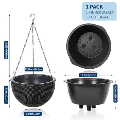 13.8 Inch Self Watering Hanging Planter, 2PCS Round Resin Hanging Basket for Indoor Outdoor Plants, Rattan Look Flower Pot with Drainage Plug, Deep Inner Pot and Sturdy Metal Triple-Chain Hanger - color: Black
