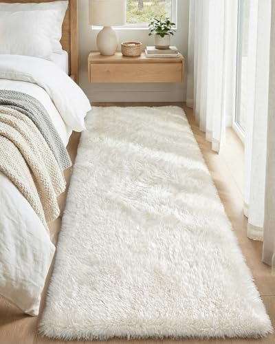 DEXI Runner Rugs for Hallway 2x6, Non Slip Bedside Rug for Bedroom, Cream | Machine Washable, High Pile, Non-Shedding, Soft Thick Fluffy Carpet for Living Room, Bathroom, Playroom, Dorm and Nursery - color: Cream White, size: 2' x 6' (Rectangular)