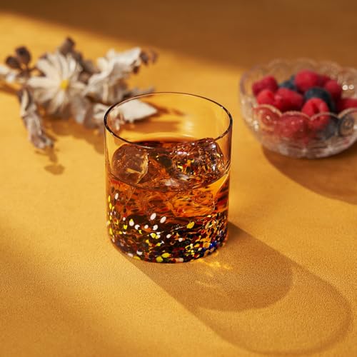 Large Confetti DOF Glasses – Set of 2-11oz Luxury Hand Blown Confetti Whiskey, Margarita, Martini, Cocktails, Water, Wine, Dessert & Champagne Glasses Cinco de Mayo, Hand Blown - Mexican Water Glass - style: Mexican Confetti Water Glass