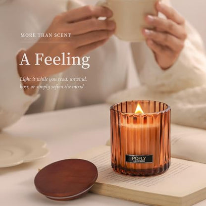 Roasted Coffee Scented Candle, 5.29 oz Soy Wax Blend for Home | Rich Roasted Coffee scent in hand-poured soy wax blend, ribbed amber glass, solid wood lid and metal plaque for home decor