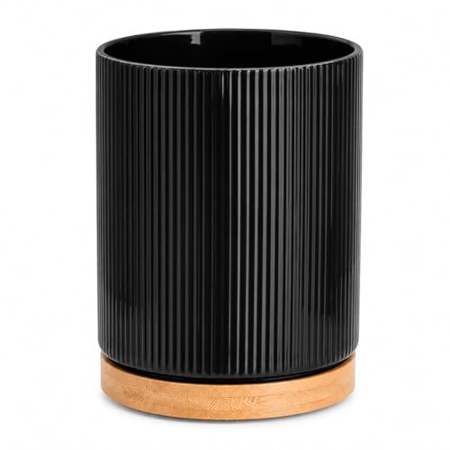 360° Rotating Kitchen Utensil Holder,Ceramic Utensil Holder for Countertop | Utensil Crock for Kitchen Counter with Rotatable Wooden Base,Ideal Housewarming Gift & Mothers Day Gift-Black - color: black