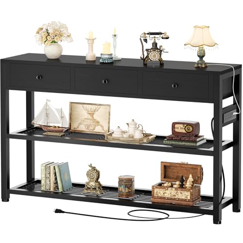 Ecopriso 47'' Entryway Table with Outlets and USB Ports, Console Table with 3 Drawers, Sofa Table Narrow Long with Storage Shelves for Living Room, Couch, Hallway, Foyer, Kitchen Counter, Black - color: Black, size: 47-In