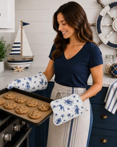 Summer Kitchen Pot Holder Oven Mitt Dish Towel Set: Fun Navy White Coastal Design, 5 pc Set (Coastal Blue) - color: Coastal Blue