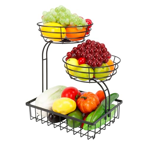 3 Tier Countertop Fruit Vegetable Basket Bowl Storage, Solid Metal Kitchen Counter Organizer for Storing Fruits, Veggies, Bread, Snacks (Black)