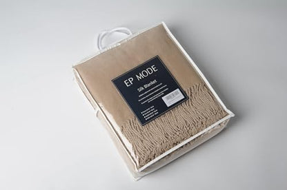 EP Mode Fringed Mulberry Silk Throw Blanket for Sofa (Rugby Tan) - color: Rugby Tan