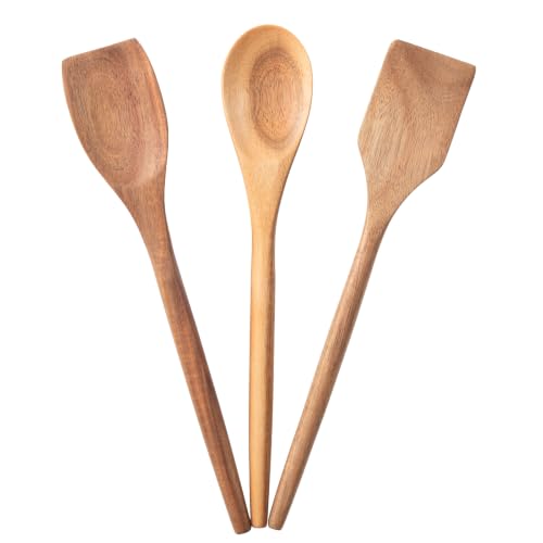 Wooden Spoons For Cooking, Wood Kitchen Cooking Spoons Utensil, 12 Inch Acacia Spoon Spatula Scraper Utensils Set, Cooking Gadgets Safe for Nonstick Cookware Use Set of 3 - style: Wood Spoon Spatula Set of 3
