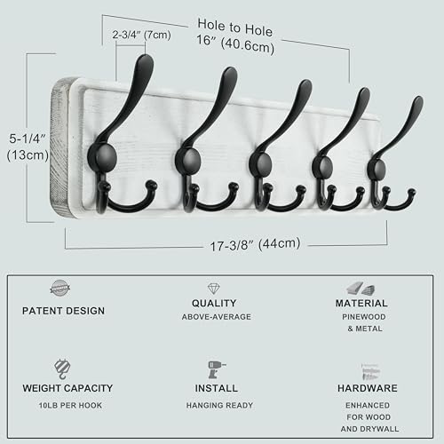 Coat Rack Wall Mounted - 5 Tri Hooks, Heavy Duty, Wooden Wall Coat Hanger Coat Hook for Clothes Hat Jacket Clothing, White & Black - color: White & Black, size: L=17.4"