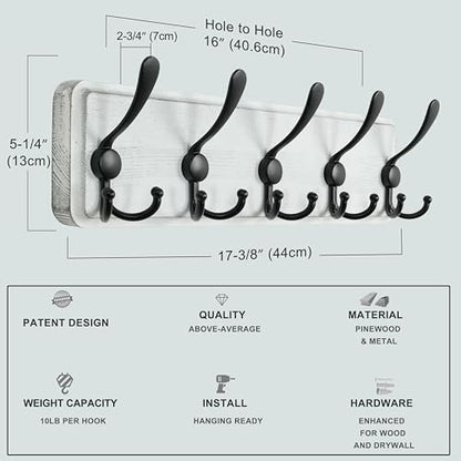 Coat Rack Wall Mounted - 5 Tri Hooks, Heavy Duty, Wooden Wall Coat Hanger Coat Hook for Clothes Hat Jacket Clothing, White & Black - color: White & Black, size: L=17.4"