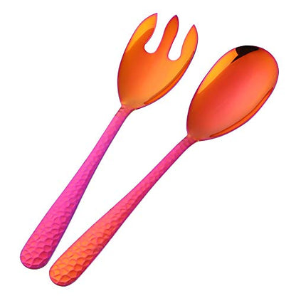 Salad Spoon and Fork Set, 12 Inch Stainless Steel Salad Server, Magic Red Serving Utensils, Pack of 2 - color: Orange Red