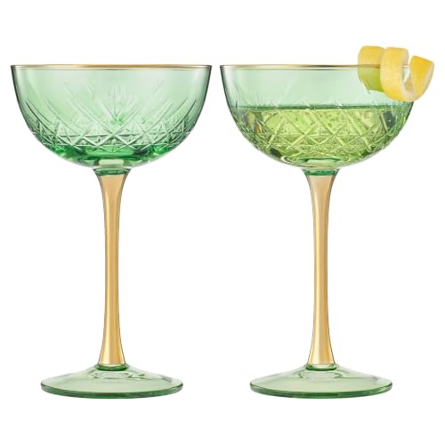 Vintage Art Deco Coupe for Champagne, Martini, Cocktails | Set of 2 | 7 oz Classic Cocktail Glassware - Manhattan, Cosmopolitan, Sidecar, Crystal Speakeasy Style Saucer Goblets with Stems (Green) - color: Coupe Green, size: Set of 2