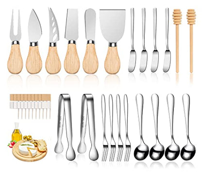 LifeMusican Charcuterie Board Accessories Wooden Cheese Spreader Knive Set, Wood Handle Butter knives For Cheese Kit, Mini Cheese Knife Slicer With Tongs, Spoons, Forks,Honey Dipper (23 Pack) - color: Wooden