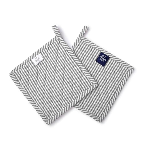 Encasa XO Pot Holders, Quilted Kitchen Hot Pads 8"x8" Ticking Black | 100% Eco-Friendly Cotton | Thick Cotton Padding Insulation | Convenient Hanging Loop | Set of 2 - color: Ticking Black