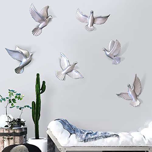 Dove Wall Art Decor Set - 6 Pieces 3D Resin Peace Pigeon Wall Sculptures for Indoor/Outdoor, Creativity Wall Hanging Birds Collection - color: Silver