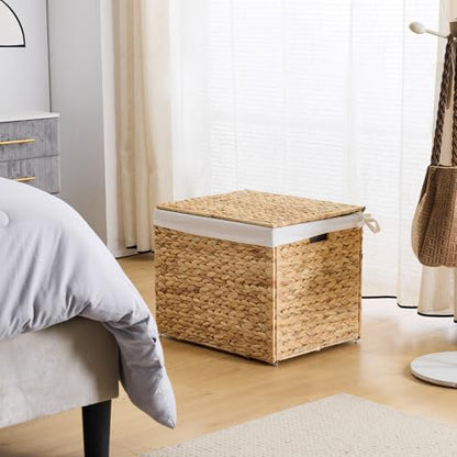 Water Hyacinth Storage Basket with Lid, 21.1 Gallon (80L) Wicker Shelf Basket with Removable Liner, Wicker Storage Basket for Blanket, for Livingroom, Bedroom, Natural - size: 19.7"L x 15.75"W x 15.75"H