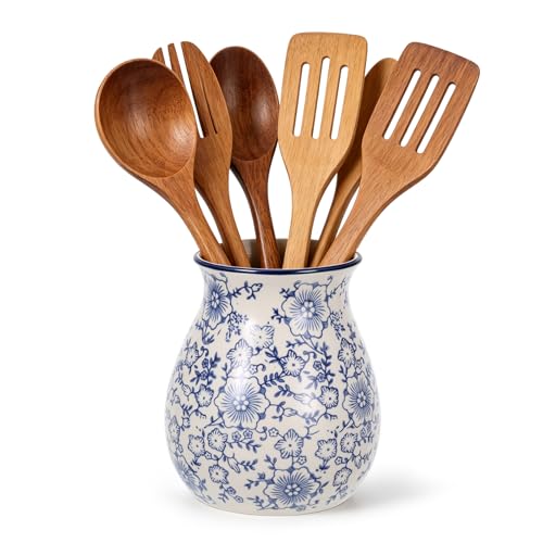 Kitchen Ceramic Utensil Holder 6" Chinoiserie Blue Floral Utensil Crock for Countertop Cooking Tools Storage Organizer for Spatula Spoon Farmhouse Decor Housewarming Gift - color: Blue