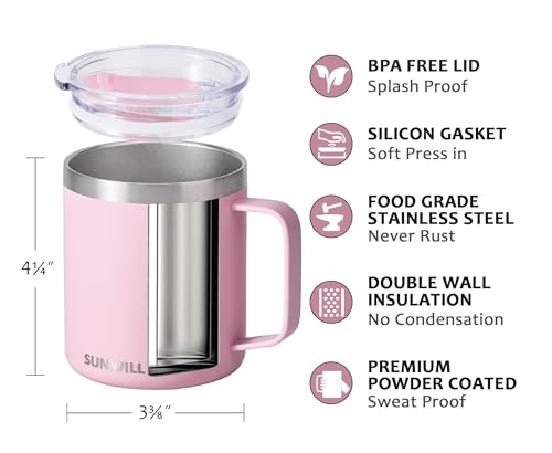 SUNWILL Insulated Coffee Mug with Lid, Travel Tumbler Reusable, 14 oz Stainless Steel Cup for Camping, Office, Home, Powder Coated Sakura - color: Powder Coated Sakura