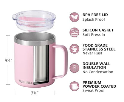 SUNWILL Insulated Coffee Mug with Lid, Travel Tumbler Reusable, 14 oz Stainless Steel Cup for Camping, Office, Home, Powder Coated Sakura - color: Powder Coated Sakura
