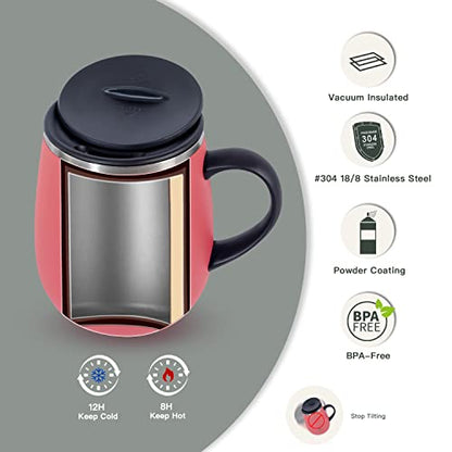 Ideus 16 oz Insulated Coffee Mug with Handle and Lid, Double Wall Stainless Steel Vacuum Thermal Coffee Mug, Travel Coffee Cup Thermal Cup for Home and Office (Jellyfish Red, FUJI DAWN) - color: Jellyfish Red