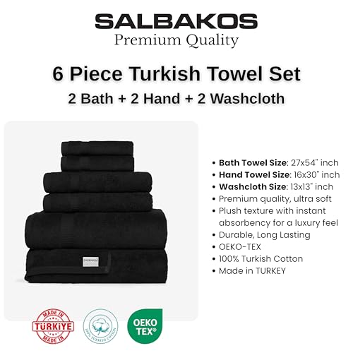 SALBAKOS 100% Turkish Cotton Bathroom Towel Set of 6-Piece, Black | 630 Gsm Thick Super Soft Highly Absorbent 2 Bath + 2 Hand + 2 Washcloth Towels Sets, Giftable, Hotel Quality, Made in Turkey - color: Black, size: 6 Piece Towel Set