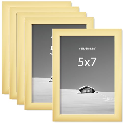 5x7 Picture Frame, Display 5x7 Photo Frames - High Definition Plexiglass - Vertical and Horizontal Display - Wall Hanging or Table Top Frame - Gold, 5 Pack - color: Gold, size: 5x7, 5P