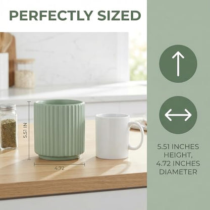 Small Utensil Holder for Kitchen Counter (H5.51” x W4.92”), Countertop Utensil Holder for Kitchen Ceramic, Utensils Crock for Countertop, Includes Silicone Drying Mat, White