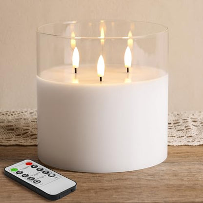 Large 3 Wick Clear Glass Flameless Pillar Candle with Remote | 6x6 inch LED Candle Flickering, Triple Wick, 2 AA Battery Powered, Accent Home Decor Gift - color: Clear