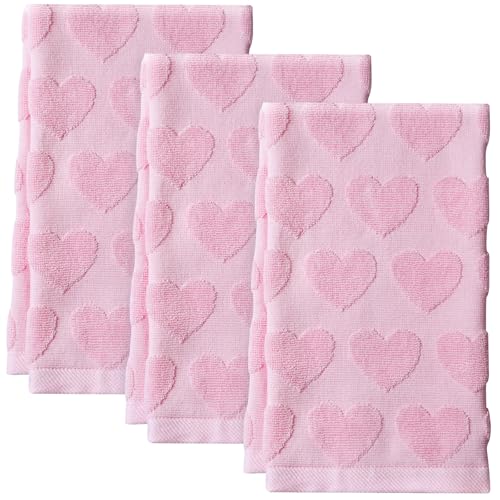 3pcs Valentine's Day Hand Towels Pink Hearts 100% Cotton 13.8x29.5 Inch | Love Heart Jacquard Soft Bathroom Kitchen Valentines Day Decorative Towel Set for Drying Cleaning Cooking Holiday Decor Gift - color: Pink Heart, size: 3pcs